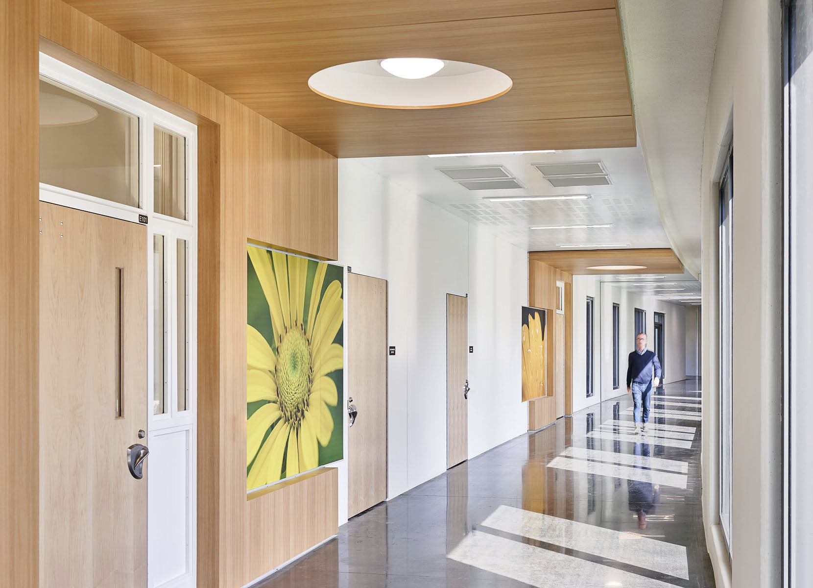 light-filled hallways at the Nixon Forensic Center at Fulton State Hospital create a calm ambiance for patients 