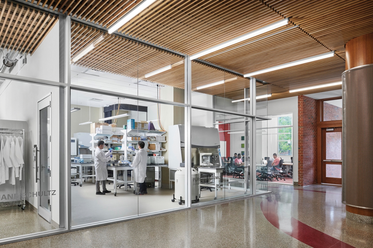 View into a lab through all glass walls