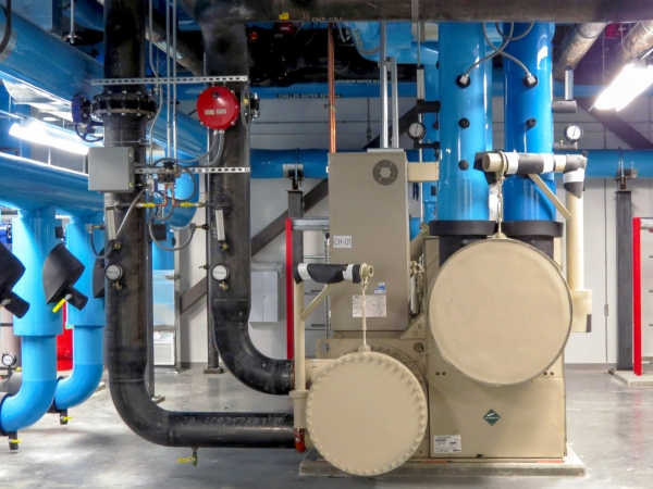 A photo inside a water-cooled chilled water plant.