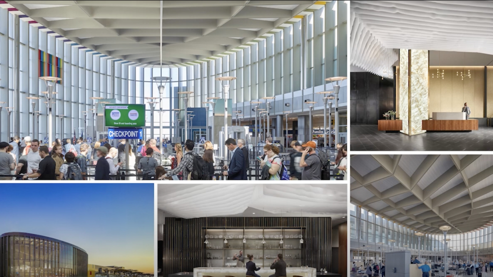 Photo collage of airports and building lobbies